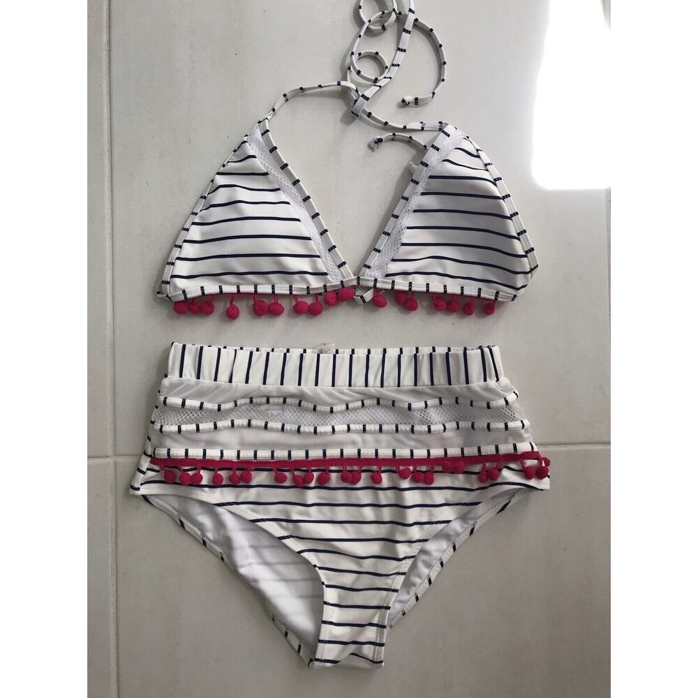 No Brand Striped Mesh Pom Pom Padded Bikini Swimwear